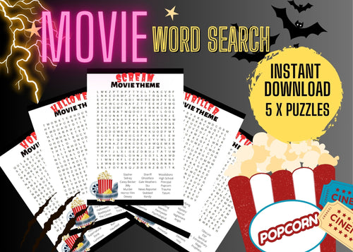 Movie Word Search Puzzles | 5 x Fun Teen and Adult Digital Download Games | Horror - Supernatural - Scream - Halloween - Thriller - Art By The Bay