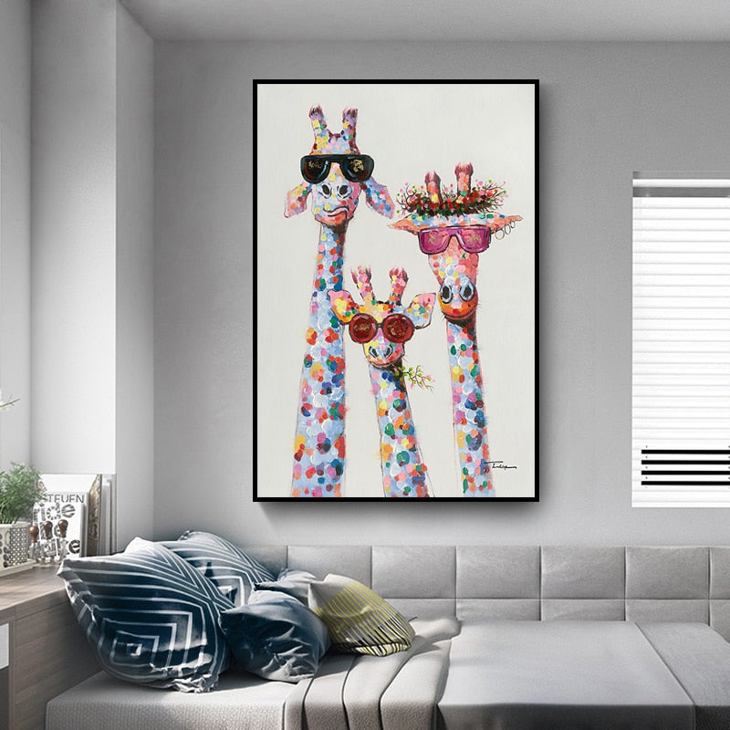 Vibrant Giraffe Family Portrait Canvas Painting | Colourful Art Print ...