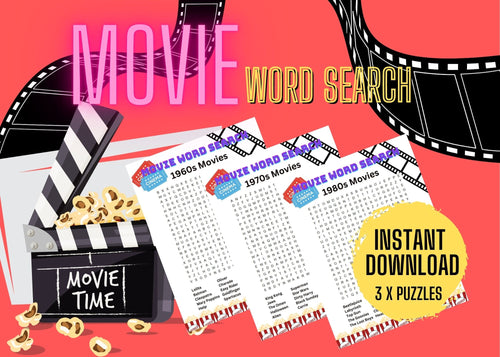 Movies Word Search Puzzles | 3 x Fun Teen and Adult Digital Download Games | 1960 1970 1980 - Art By The Bay