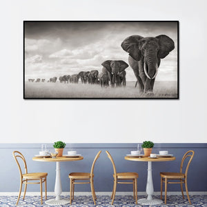Elephant Herd Canvas Print | Black & White African Landscape | UNFRAMED - Art By The Bay
