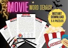 Load image into Gallery viewer, Movie Word Search Puzzles | 5 x Fun Teen and Adult Digital Download Games | Horror - Supernatural - Scream - Halloween - Thriller - Art By The Bay