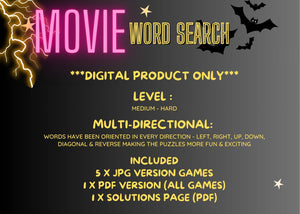 Movie Word Search Puzzles | 5 x Fun Teen and Adult Digital Download Games | Horror - Supernatural - Scream - Halloween - Thriller - Art By The Bay