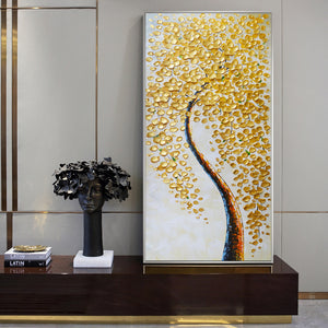 Golden Leaf Single Tree Canvas Print | Acrylic Gold Leaves Painting | UNFRAMED - Art By The Bay - Canvas Wall Decor Prints