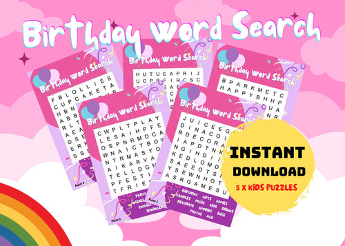 Birthday Party Kids Word Search Puzzles | 5 x Fun Digital Download Games | PINK - Art By The Bay