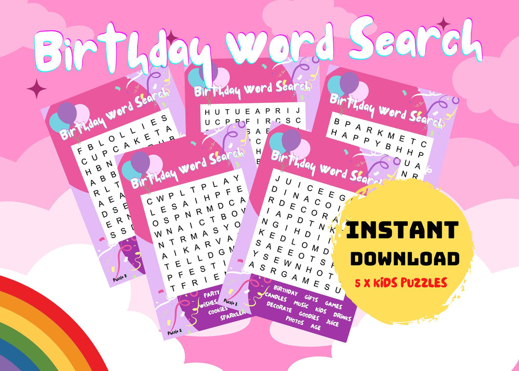 Birthday Party Kids Word Search Puzzles | 5 x Fun Digital Download Games | PINK - Art By The Bay