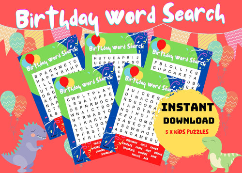 Birthday Party Kids Word Search Puzzles | 5 x Fun Digital Download Games | BLUE - Art By The Bay