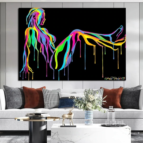 Abstract Art Female Nude Figure: Black and Multicoloured Drip Woman Painting | UNFRAMED - Art By The Bay