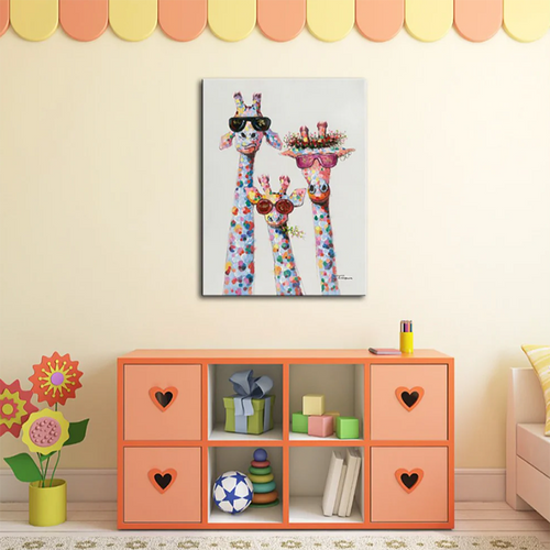 Vibrant Giraffe Family Portrait Canvas Painting | Colourful Art Print | Unframed - Art By The Bay