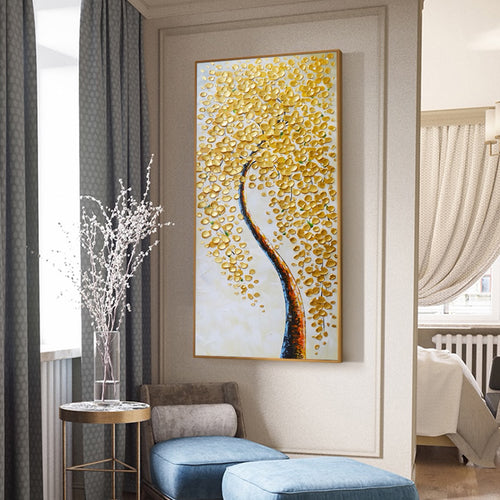 Golden Leaf Single Tree Canvas Print | Acrylic Gold Leaves Painting | UNFRAMED - Art By The Bay - Canvas Wall Decor Prints