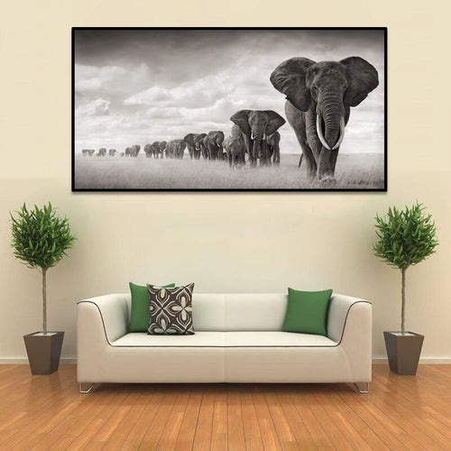 Heard of African Elephants in Black and White Canvas Print