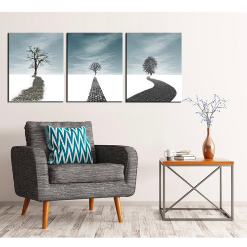 Triptych series of solo trees in landscape. Framed or unframed Canvas Prints 