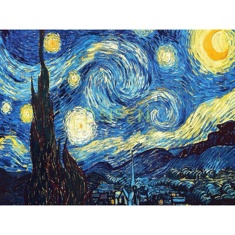 DIY The Starry Night 5D Diamond Painting Kit | Vincent Van Gogh | Full Square or Round Diamonds - Art By The Bay - Canvas Wall Decor Prints