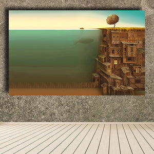 Oceanic and Wooden House Surrealist Canvas Print | Underwater Art | Unframed - Art By The Bay - Canvas Wall Decor Prints